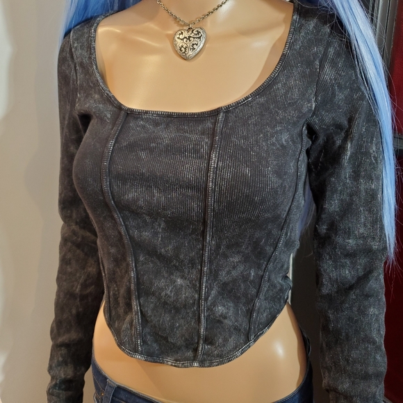 Divided Dark Faded Corset Front Long Sleeve Top No Wire - Picture 2 of 7